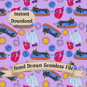 May include: Seamless pattern with a purple background featuring skeletons in lounge chairs, ghosts, suns, roses, and beach balls. The words "Instant Download" and "Hand Drawn Seamless File" are also present.