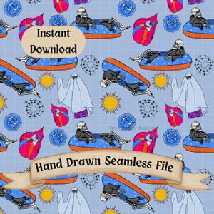 Op de afbeelding: Naadloos patroon met een lichtblauwe achtergrond met cartoon skeletten die loungen op blauwe en oranje zwembanden, geesten, zonnen, blauwe rozen en strandballen. De tekst "Instant Download" en "Hand Drawn Seamless File" is ook aanwezig.