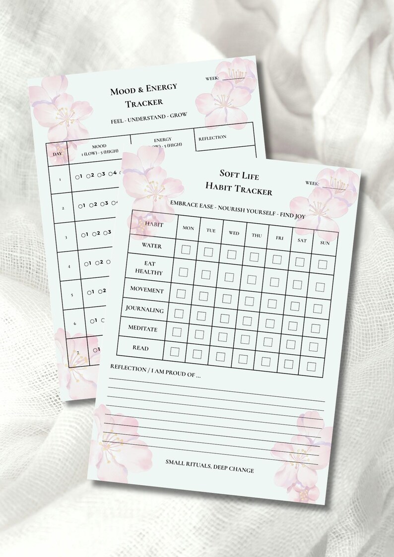 May include: Two light blue habit tracker sheets with floral accents. One is a mood and energy tracker, the other is a soft life habit tracker. The trackers include sections for daily tracking and reflection, with the text "Small Rituals, Deep Change."
