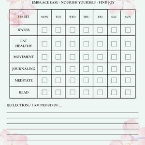 May include: A light green habit tracker with the words "Soft Life Habit Tracker" and "Embrace Ease - Nourish Yourself - Find Joy." The tracker includes spaces to track habits like water intake, healthy eating, and journaling. Floral accents are present.