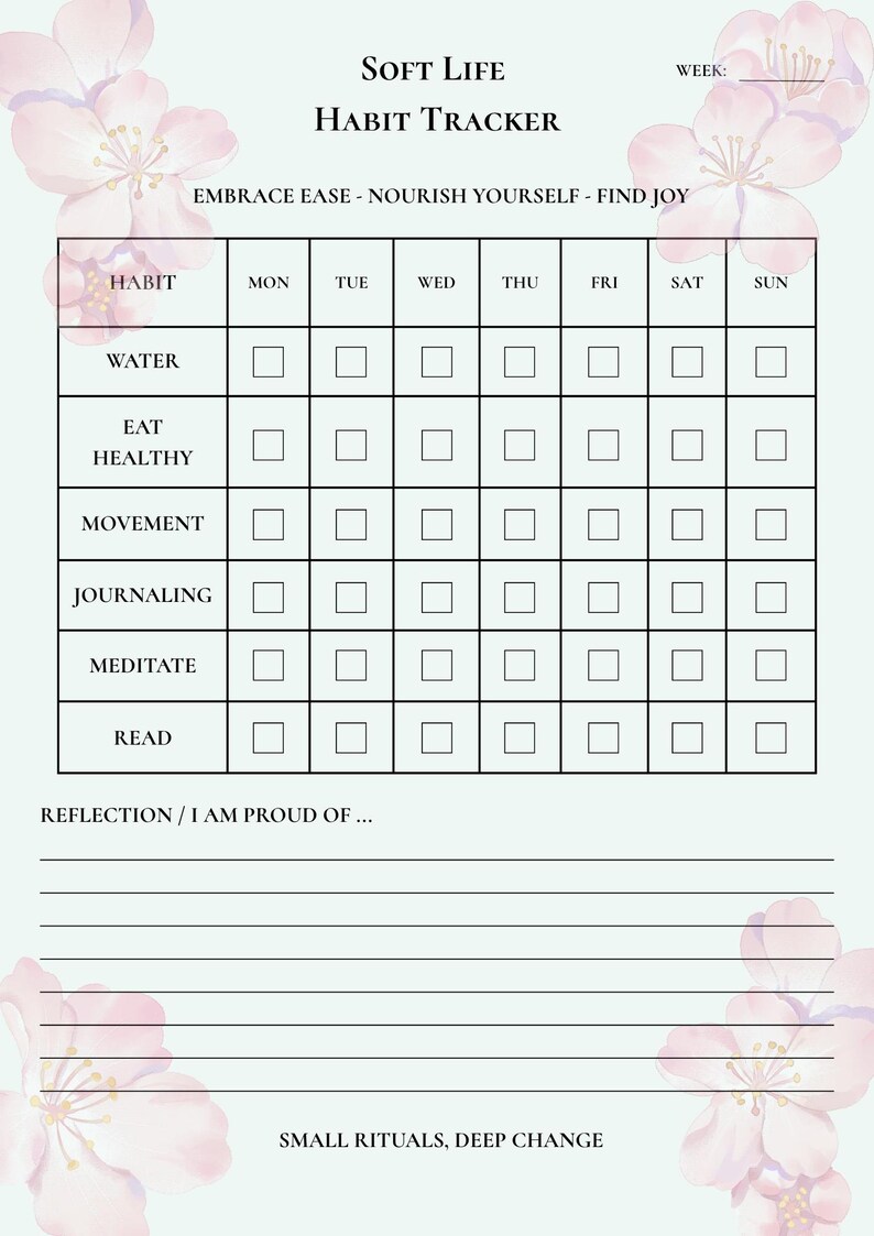 May include: A light green habit tracker with the words "Soft Life Habit Tracker" and "Embrace Ease - Nourish Yourself - Find Joy." The tracker includes spaces to track habits like water intake, healthy eating, and journaling. Floral accents are present.