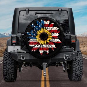 Funda para rueda de repuesto con diseño de girasol y bandera estadounidense, accesorio rústico floral resistente a los rayos UV para SUV, autocaravanas y caravanas.