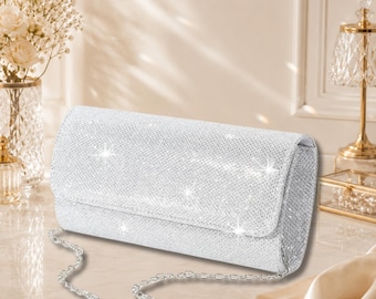 Sparkly Glitter Evening Clutch Bag, Wedding Purse, Formal Party Handbag with Chain Strap