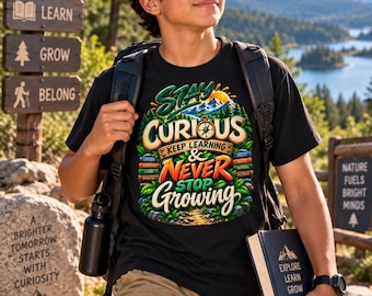 Stay Curious Kids T-Shirt, Never Stop Growing Youth Tee, Outdoor Nature Adventure Shirt, Teacher Student Gift, Bella Canvas 3001Y Shirt
