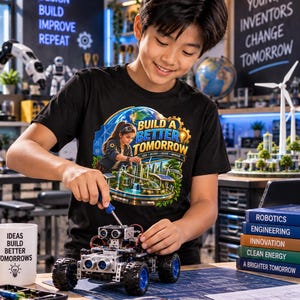 May include: A black t-shirt featuring a graphic print of a person working on a futuristic city model with the text "BUILD A BETTER TOMORROW" and "IDEA DESIGN CREATE IMPROVE". The design includes a globe, wind turbines, and greenery.