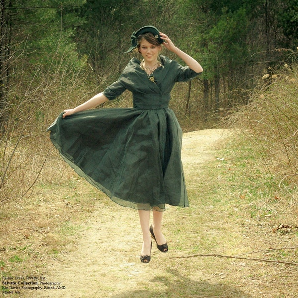 1950s French Style Dress - Emerald Green / XSM