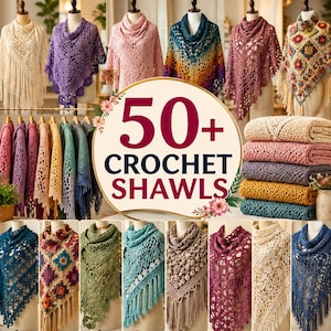 Crochet Shawl Pattern bundle, 50 Boho Crochet Wrap ,Triangle Scarf, Women's Accessory