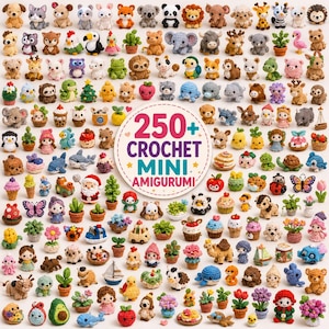 Puede incluir: Una colección de más de 250 figuras amigurumi de ganchillo en miniatura, incluyendo animales, plantas, alimentos y personajes festivos, dispuestas alrededor de un letrero circular central que dice 250+ CROCHET MINI AMIGURUMI.
