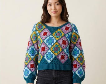 Virkad tröja i PDF-format — Modern fyrkantig mormorströja, bohemisk snedstickad tröja, nybörjarvirkning,