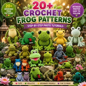 May include: A collection of over 20 crocheted frog figures in various shades of green, yellow, blue, orange, and purple. The image features text that reads 20+ CROCHET FROG PATTERNS, STEP-BY-STEP PHOTO TUTORIALS, DETAILED PHOTOS EASY TO FOLLOW.