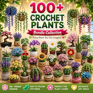 Crochet Plants Bundle 100+ Pattern, Amigurumi Succulent Cactus & Hanging Plant, ,  snake plant