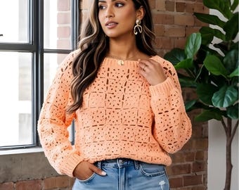 Crochet Pattern  — Lace Motif Pullover, Floral Boho  , Elegant Jumper Design, , Sizes XS to 5XL