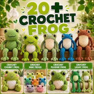 Puede incluir: Una colección de ranas de ganchillo hechas a mano en varios colores y tamaños, incluyendo figuras de hilo verde, azul y marrón. La imagen presenta el texto 20+ CROCHET FROG, con etiquetas pequeñas que identifican estilos específicos como ranas gorditas, mini, de peluche y de patas largas.