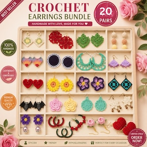 Patroonbundel gehaakte oorbellen | 20 digitale gehaakte sieraden | Boho-ontwerpen met bloemen en harten | Bewerkbaar canvas