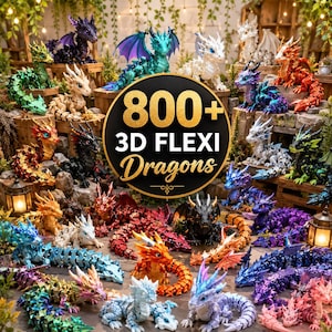Puede incluir: Una colección de numerosos dragones articulados impresos en 3D en varios colores, incluyendo azul, verde, rojo, blanco, negro y morado, dispuestos alrededor de un letrero circular que dice 800+ 3D FLEXI Dragons en letras doradas y blancas.