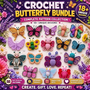 Modèle papillon au crochet, 18 modèles PDF amigurumi et appliqués, décoration intérieure au crochet fantaisiste, bricolage pour débutant