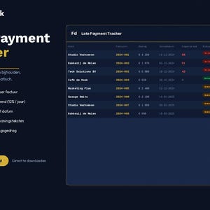 Op de afbeelding: Een digitale sjabloon genaamd "Late Payment Tracker" op een donkerblauwe achtergrond. De sjabloon bevat een tabel met klantnamen, factuurnummers, bedragen en vervaldatums. Tekst benadrukt automatische status en herinneringen.