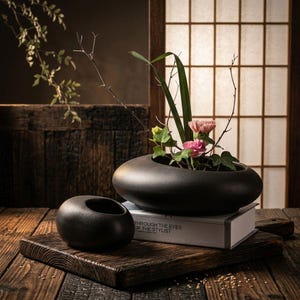Chinese Style Ceramic Flower Pot, Wabi Sabi Ceramic Vase, Low Stone Ikebana Flower Holder, Elegant Bonsai Vase, Zen Home Decor