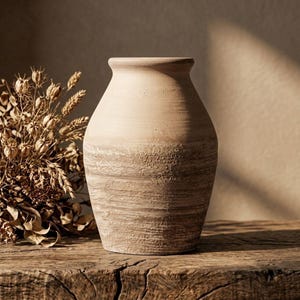 May include: A beige, textured ceramic vase with a wide base and a narrow neck. The vase has a rustic, handcrafted appearance, with visible horizontal striations. Dried flowers and foliage are arranged to the left of the vase, adding a natural element.