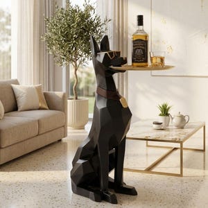 Doberman Dog Statue Side Table with Tray, Geometric Resin Dog Sculpture, Doberman Figurine, Modern Home Decor, Luxury Modern Entryway Decor