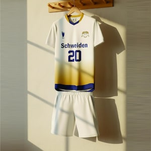 May include: A white and yellow gradient sports jersey with a V-neck, featuring the text Schweiden and the number 20 in dark blue, paired with matching white athletic shorts. The jersey includes a small blue footprint icon and a bird logo.