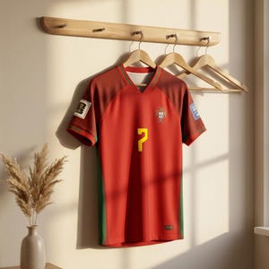 May include: A red soccer jersey with green and brown accents, hanging on a wooden hanger. The jersey features the number 7 in yellow, a crest, and a patch. The jersey is displayed on a wall with a wooden coat rack and a vase.