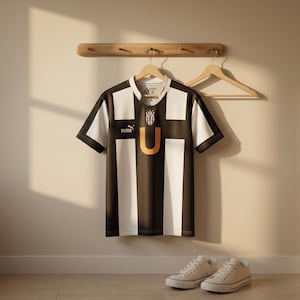 Puede incluir: Una camiseta deportiva de manga corta con rayas verticales negras y blancas, cuello blanco y una letra U naranja prominente en el pecho. La prenda muestra un logotipo de Puma en el lado derecho y un escudo con tres estrellas en la parte superior.