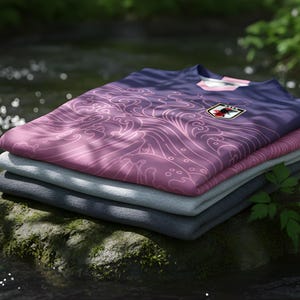 Op de afbeelding: Een stapel opgevouwen t-shirts, met een verloop van paars naar roze en een golfpatroon. Het bovenste shirt heeft een Japans vlagembleem. De shirts zijn gestapeld op een met mos bedekte rots bij water.