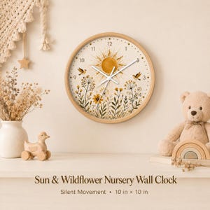 Kinderzimmeruhr mit Sonnenblumenmotiv, botanische Wanddekoration im Boho-Stil aus Holz, geräuschloses Uhrwerk