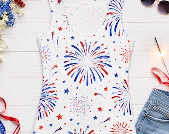 Top z nadrukiem "4 lipca fajerwerki", damski top w kolorze czerwono-biało-niebieskim, patriotyczna letnia koszula, top z nadrukiem USA na całej powierzchni, top w stylu amerykańskim