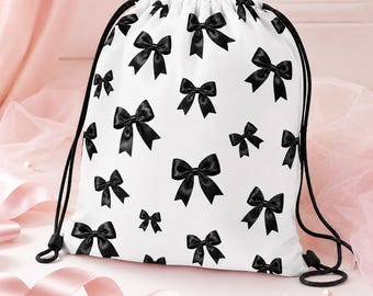 Coquette Bow Drawstring Bag, Black Silk Bow Pattern, Balletcore Gym Pack, Minimalist Style