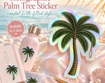 Pegatina holográfica de palmera, diseño Coastal Faith, amuleto cristiano de pez, accesorio para diario bíblico
