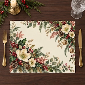 May include: A rectangular placemat featuring a cream-colored background with a botanical border of white hellebore flowers, green pine needles, holly leaves, red berries, pinecones, and small gold ornaments, flanked by a gold fork and knife.