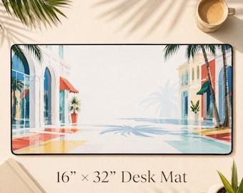 Tropical Arcade Desk Mat 16x32, Coastal Florida Office, Palm Beach Workspace Decor