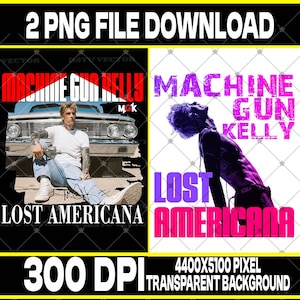 May include: Two digital graphic designs featuring Machine Gun Kelly and the text Lost Americana. One design shows a person sitting before a car with a gas pump nozzle, the other a purple silhouette of a person with bold pink text on white.