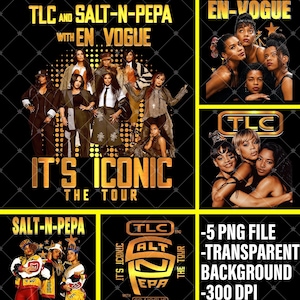 Może przedstawiać: Cyfrowy projekt graficzny zawierający materiały promocyjne trasy koncertowej It's Iconic z udziałem TLC, Salt-N-Pepa i En Vogue. Układ zawiera wiele paneli z portretami grupowymi, złotym tekstem oraz listę 5 plików PNG z przezroczystym tłem.