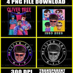 Op de afbeelding: Een digitale grafische set met vier ontwerpen van Oliver Tree. De afbeeldingen bevatten meerdere poses, een kleurrijk raster in pop-artstijl met de tekst 1993 2026, en twee cirkelvormige logo-ontwerpen met de tekst OLIVER TREE R.I.P. in diverse kleurenschema's.