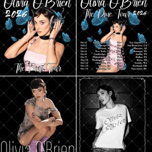 Pode incluir: Uma colagem digital com Olivia O'Brien e o texto Olivia O'Brien, 2026 e The Pixie Tour. As imagens mostram uma pessoa com auscultadores, um top cor-de-rosa e uma t-shirt branca, rodeada por gráficos de borboletas azuis e datas da digressão.