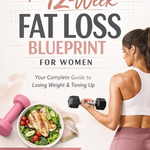 May include: Image of a fitness guide titled "The 12-Week Fat Loss Blueprint for Women." The cover features a woman lifting a dumbbell, a bowl of salad, and a pink dumbbell. Text includes "12-Week Workout Plan" and "Macro & Nutrition Guide."