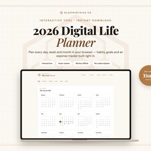 May include: A digital life planner for 2026 displayed on a laptop screen. The interface features a yearly calendar view with months from January to December. Text includes 2026 Digital Life Planner, Interactive Tool, Instant Download, and Pay Once Yours Forever.