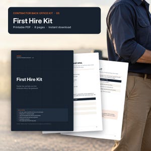 May include: A digital First Hire Kit document set for contractors, featuring a dark blue cover with white text and grid lines. The kit includes eight printable pages with checklists, templates, and guides for hiring and training employees.