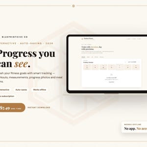 May include: A digital fitness planner template for 2026 displayed on a laptop screen. The interface features a training calendar, workout logs, and progress tracking. Text includes BlueprintHive Co, Progress you can see, and No app. No account.