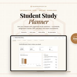 May include: A digital Student Study Planner displayed on a laptop screen, featuring an overview dashboard with a GPA calculator, assignment tracker, and exam countdowns. The interface includes a bar chart for study minutes and a list of upcoming tasks.
