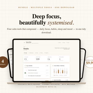 Focus Flow Bundle | ADHD Habit Sleep and Mood Tracker | Productivity Wellness System | 4 Planners 2026 | Instant Download