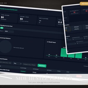 Könnte beinhalten: Ein digitales Dashboard mit dunklem Thema, das Finanzdaten anzeigt. Die Oberfläche umfasst Abschnitte für Einkommen, Ziele und Trends. Der Text "Side Hustle Income Dashboard" steht oben. Das Bild enthält auch den Text "Instant Download" und "Side Hustle Tracker".