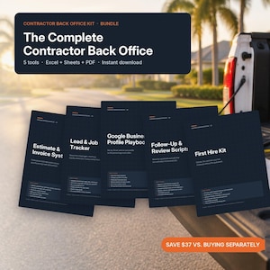 Puede incluir: Un kit digital de oficina para contratistas que incluye cinco herramientas: Estimate & Invoice Syst, Lead & Job Tracker, Google Business Profile Playbook, Follow-Up & Review Scripts y First Hire Kit, presentados como documentos azul oscuro.