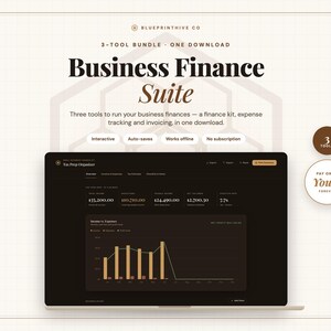 Może przedstawiać: Cyfrowy pulpit nawigacyjny Business Finance Suite wyświetlony na ekranie, zawierający Tax Prep Organizer z danymi finansowymi, wykresami słupkowymi przychodów i wydatków oraz etykietami 3-Tool Bundle, One Download, Interactive i No Subscription.