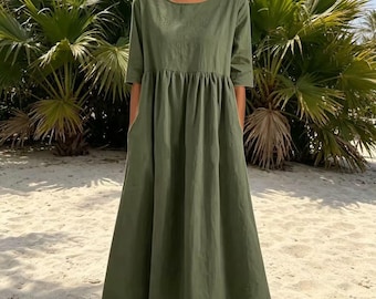 Katoenen linnen midi-jurk ontspannen pasvorm ademend met zakken, casual losse zomerjurk, boho-strand, soepelvallende midi-jurk, shift-jurk