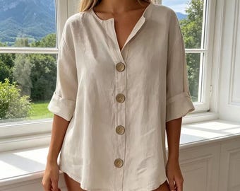 Chemisier en lin pour femme, Tunique en lin à col en V, Chemise ample en lin, Haut d'été en lin léger, Chemisier d'été ample à manches à revers