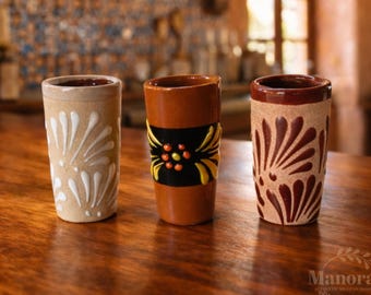 Set of 3 Handmade Talavera Style Ceramic Shot Glasses, Mexican Caballitos, Rustic Pottery Barware, Mexico Lindo Shot Glass Barro